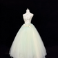 White Satin Strapless Cinched Waist Light Green Voluminous Skirt Long Romantic Dress, Wedding Gown gh7882