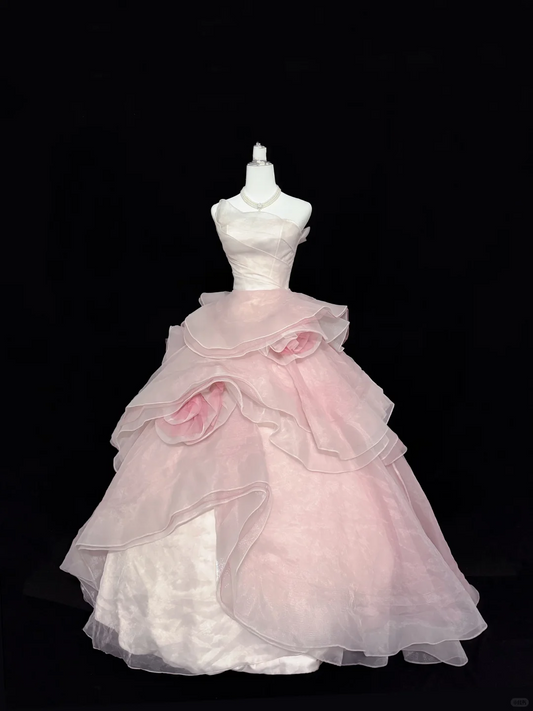 Blush Pink Strapless Cinched Waist Long Romantic Dress with Multi-Layer Voluminous Skirt, Wedding Gown gh7930