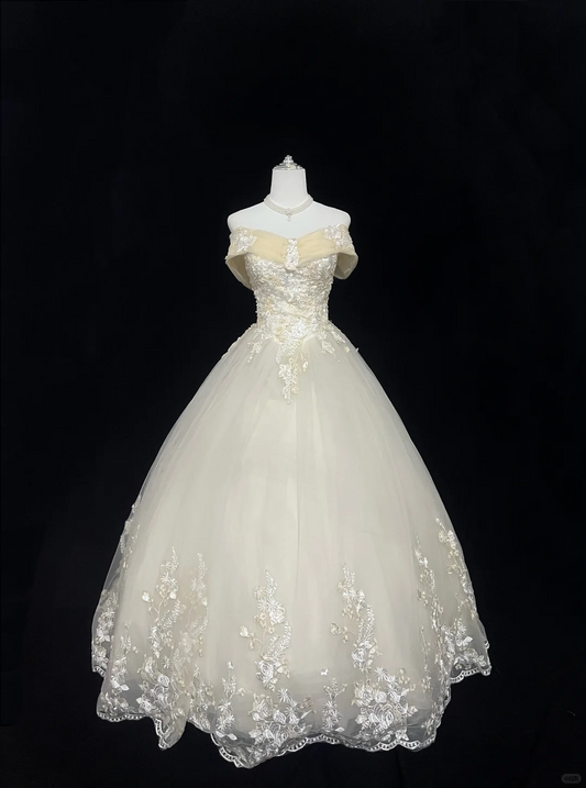 Soft Pale Yellow Off-the-Shoulder Embroidered Cinched Waist Voluminous Princess Skirt Romantic Dress, Wedding Gown gh8016