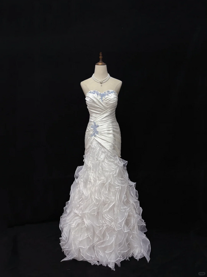White Satin Strapless Romantic Long Gown, Cinched Waist & Slim Bodycon Fit, Wedding Dress & Bridal Gown gh8190