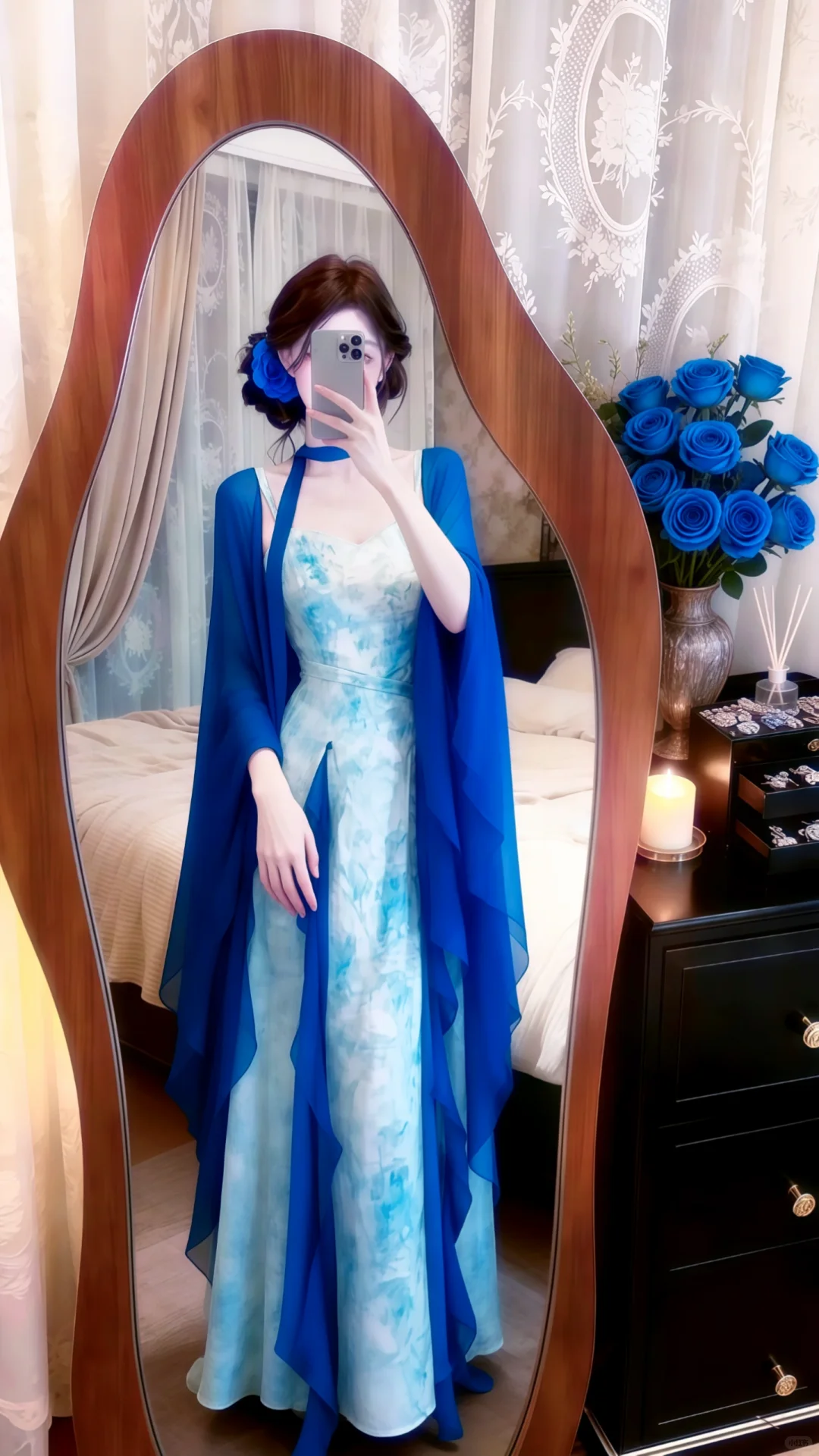 Blue‑White Ink‑Wash Spaghetti Straps Evening Gown, Chiffon Cape Set Tie‑Dye Print Long Prom Dress gh9134