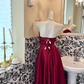 Burgundy Strapless Satin Waist-Cinched Full Flared Skirt Vintage Romantic Gown gh7559