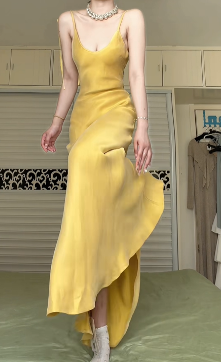 Golden Yellow Satin Spaghetti Strap Mermaid Long Evening Gown, V‑Neck Back Tie Adjustable Formal Prom Dress gh8984