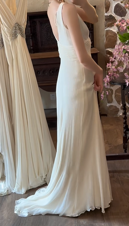 White Vintage Greek Style Wedding Gown, Sleeveless Deep V‑Neck Beaded Pearl Tassel Waist Ornament Chiffon A‑Line Bridal Dress gh9071