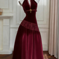girlhomeshops-Vintage Lace Jacquard Halter Evening Dress, Long Sleeveless Elegant Party Gown gh5902