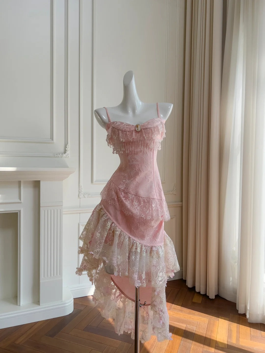 Rosa Spitze Vintage Flowy lange/kurze Homecoming Kleid Chiffon Ballkleid Geburtstag Party Kleid gh4406