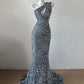 Robe de soirée longue argentée et brillante à paillettes gh4837