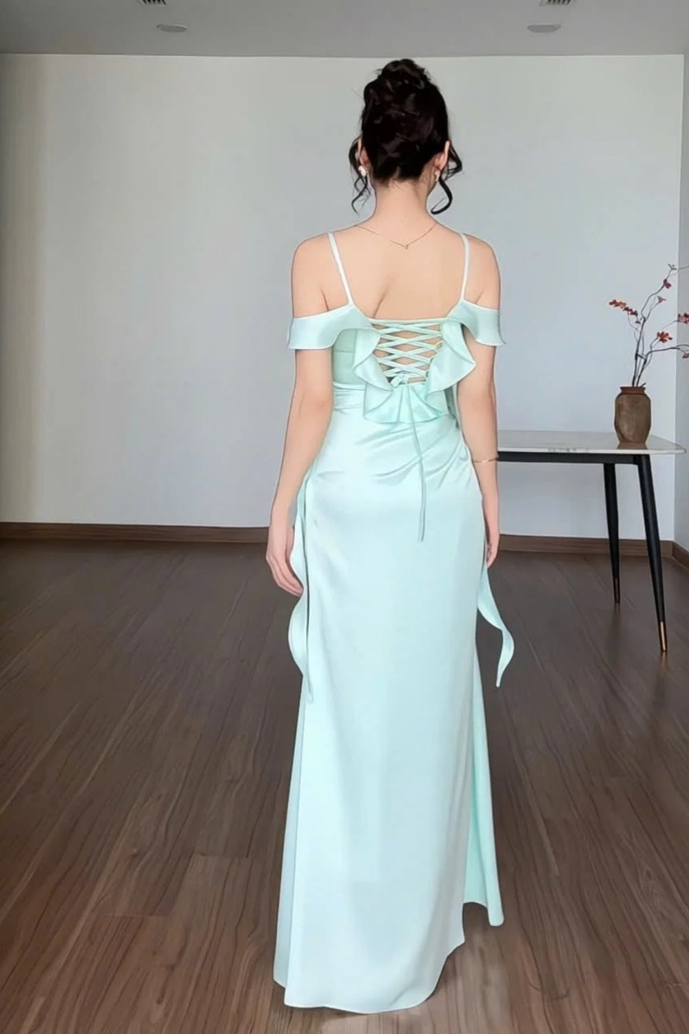 Stilvolles, schlichtes, fließendes Schleifenband, elegantes langes Satin-Abendkleid/Partykleid gh7084