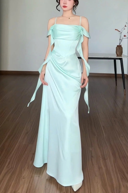 Stilvolles, schlichtes, fließendes Schleifenband, elegantes langes Satin-Abendkleid/Partykleid gh7084