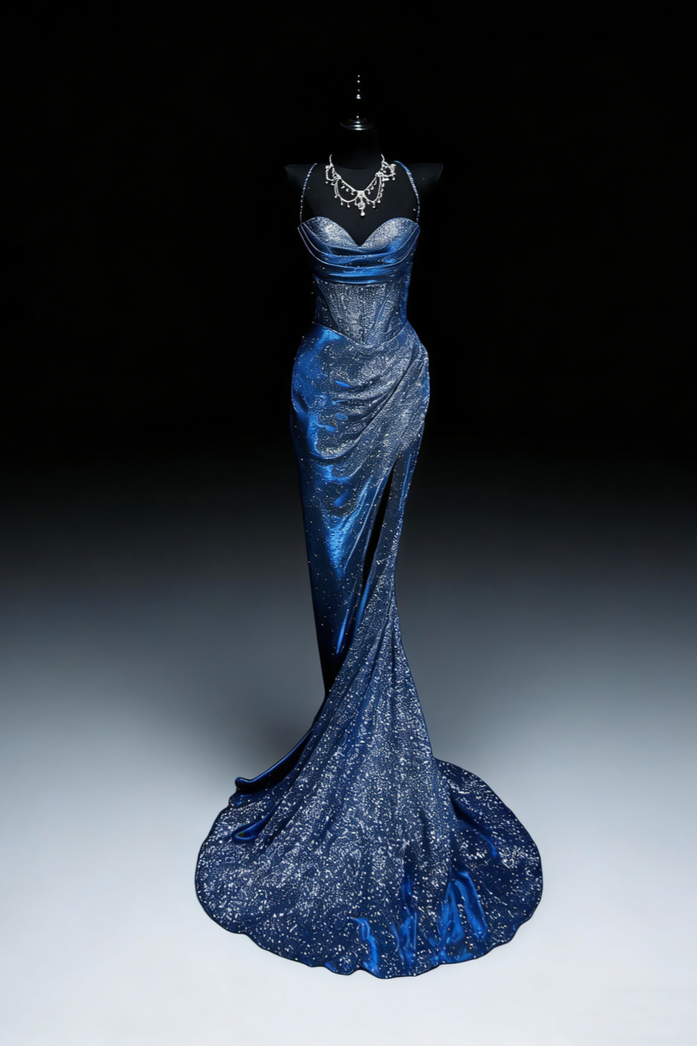 Robe sirène dos nu bleu scintillant style galaxie irisée - Robe de soirée et tapis rouge sur le thème des étoiles gh6570
