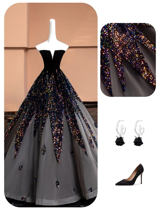 Schwarz Glänzende Elegante Mode Lange Tüll Pailletten Ballkleid Abendkleid Partykleid gh4876