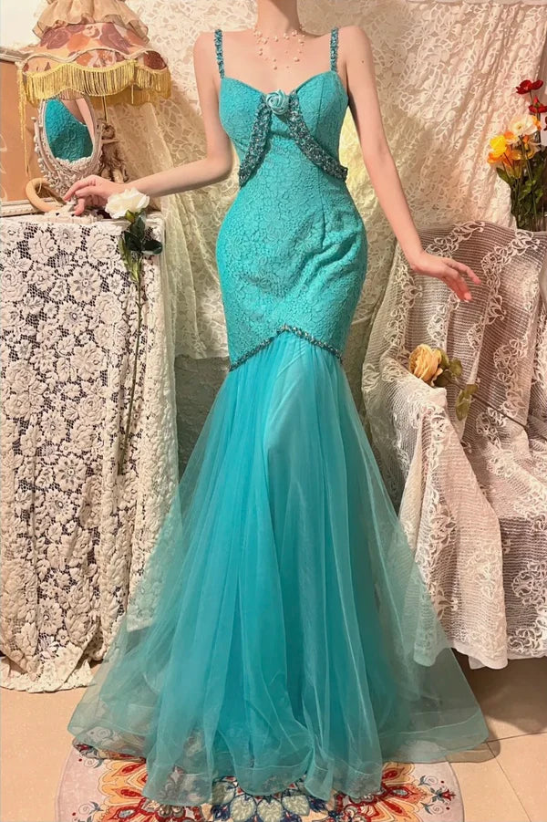 Robe de soirée sirène longue en mousseline de soie et dentelle, rose, perlée, magnifique, gh4443