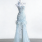 Light Blue Feather & Beaded Mermaid Gown - Ethereal Tulle Train Evening Dress gh6944
