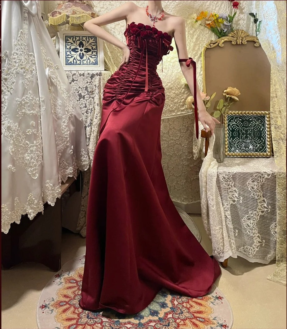 Burgunderrotes Vintage-Blumenkleid, lang, Satin, Ballkleid, Geburtstagspartykleid, Abendkleid, gh4412