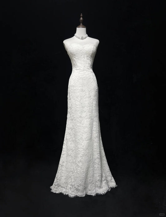 White Retro Fashion Sweetheart Neck Elegant Exquisite Lace Long Lace Tulle Floor Length Trailing Ball Gown Evening Gown Prom Gown Wedding Dress gh3873