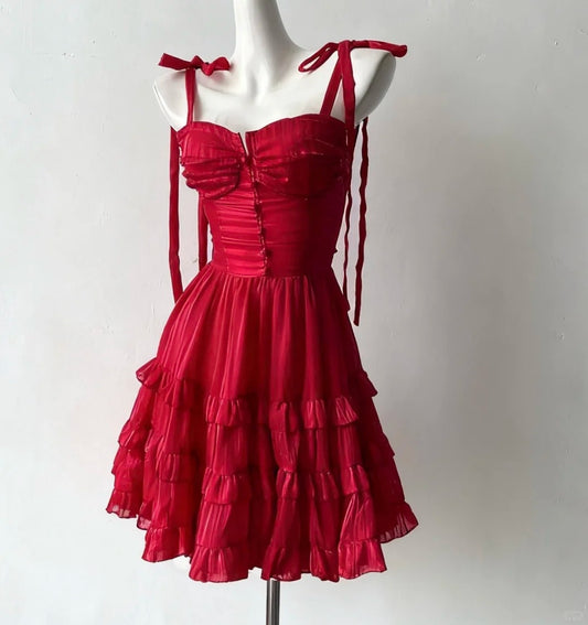girlhomeshops - Robe de soirée courte rouge en mousseline à bretelles spaghetti gh5686
