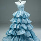 Shiny Stunning Blue Fashionable Elegant Long Satin Delicate Beads Floor Length Tiered Ruffled Ball Gown Evening Gown Graduation Gown Quinceañera Gown gh3841