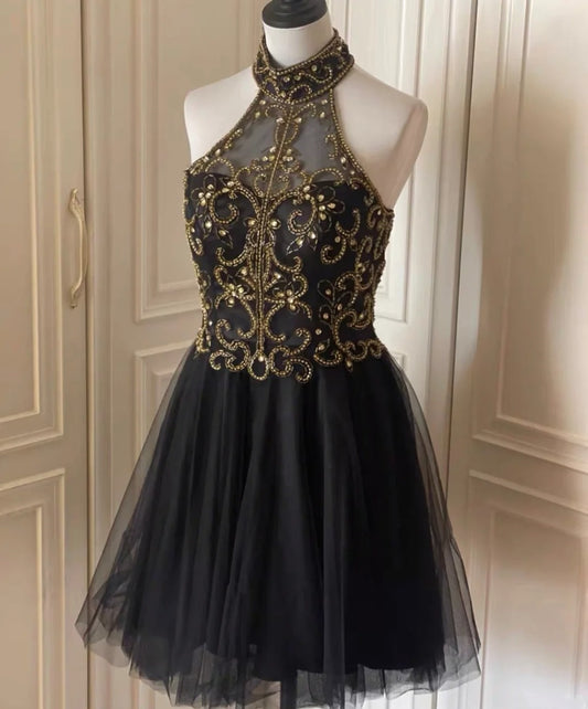 Robe de soirée courte en tulle ornée de perles noires, robe de bal, robe de fête d'anniversaire, gh4848