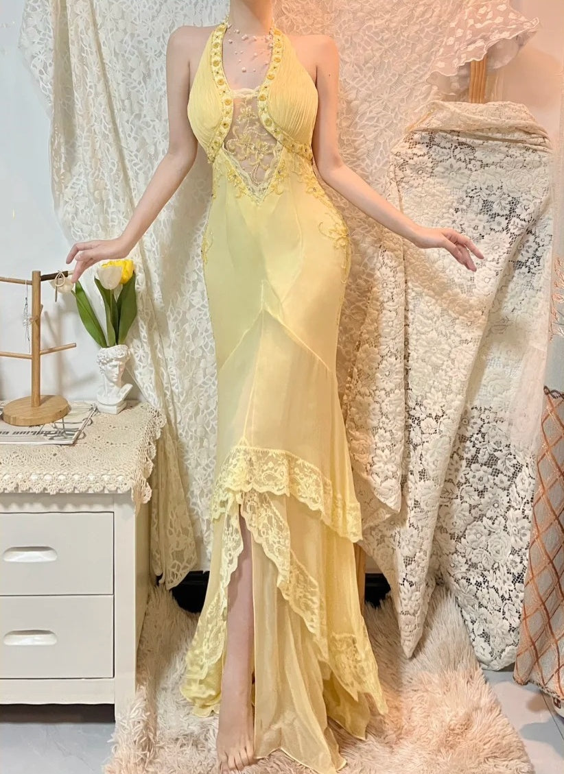 Gelbes, perlenbesetztes, elegantes, langes Chiffon-Ballkleid, Abendkleid, Partykleid gh4467