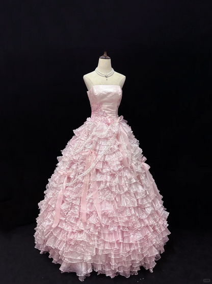Light Pink Strapless Lovely Romantic Gown, Fitted Waist, Fluffy Tiered Skirt, Wedding Dress & Bridal Gown gh8172