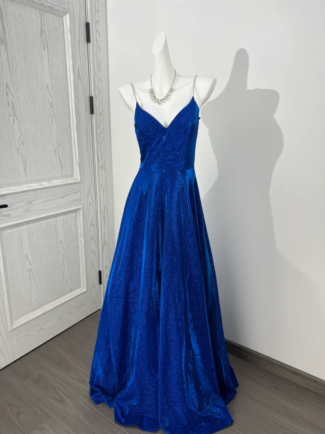 Sapphire Blue Spaghetti Strap Waist-Cinched Full Skirt Prom Gown, Evening Party Formal Dress gh7233