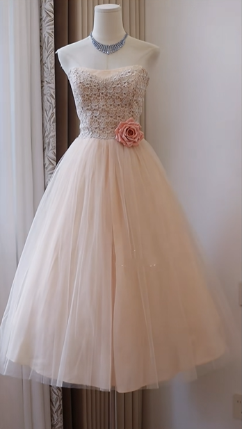 Blush Strapless Lace Tea Length Prom Dress 3D Floral Applique A Line Tulle Homecoming Formal Evening Gown gh9448
