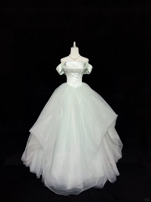 Sage Green Off-the-Shoulder Cinched Waist Voluminous Princess Skirt Long Romantic Dress, Wedding Gown gh7865
