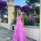 Light pink A-line off-shoulder long ruffled elegant tulle ball gown evening dress gh2684