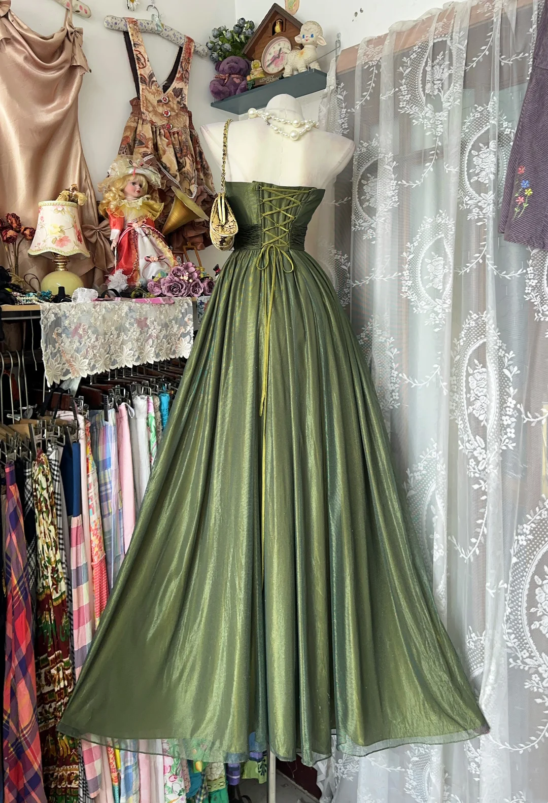Muted Sage Strapless Waist-Cinched Maxi Vintage Formal Evening Party Gown gh7189