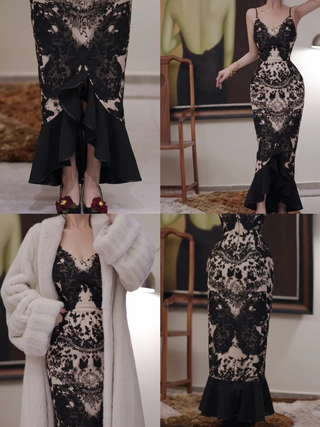 Vintage-Kleid im romantischen Vintage-Stil mit Spitzenbesatz, knöchellang, Meerjungfrauen-Stil und Schmetterlingsprint – figurbetontes, elegantes Kleid für Dinner- und Partyveranstaltungen gh6490