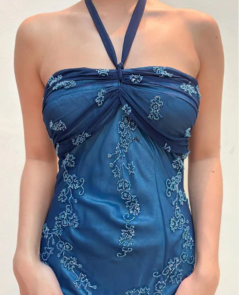 Dunkelblaues Meerjungfrau-Kleid mit Perlen, lang, Chiffon, formelles Abschlussball-Abendkleid, Hochzeitsgast-Partykleid, griechisches Neckholder-Kleid, gh3617b