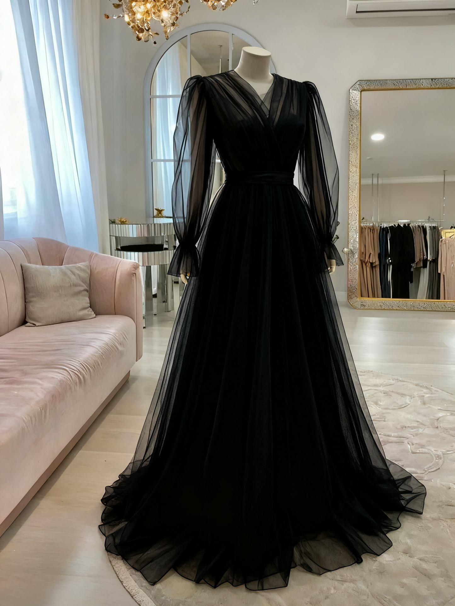 Robe de soirée longue en tulle rose de haute qualité, simple et élégante, à manches longues, robe de bal, robe de mariée, robe d'invitée, robe de gala Gh2215