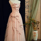 girlhomeshops- Vintage Peach Pink Plum Blossom 3D Embroidered Strapless Tulle Chinese Style Evening Gown gh6034