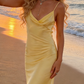 Hellgelbes Maxikleid aus Satin mit Spaghettiträgern – Wasserfallausschnitt und Rückenbindefunktion – Strandkleid/Gartendate/leichtes Abendkleid gh6995