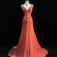 Orange Gorgeous Retro Fashion V-Neck Elegant Exquisite Pearl Beads Long Tulle Chiffon Floor-Length Trailing Ball Gown Evening Dress Prom Dress gh3872