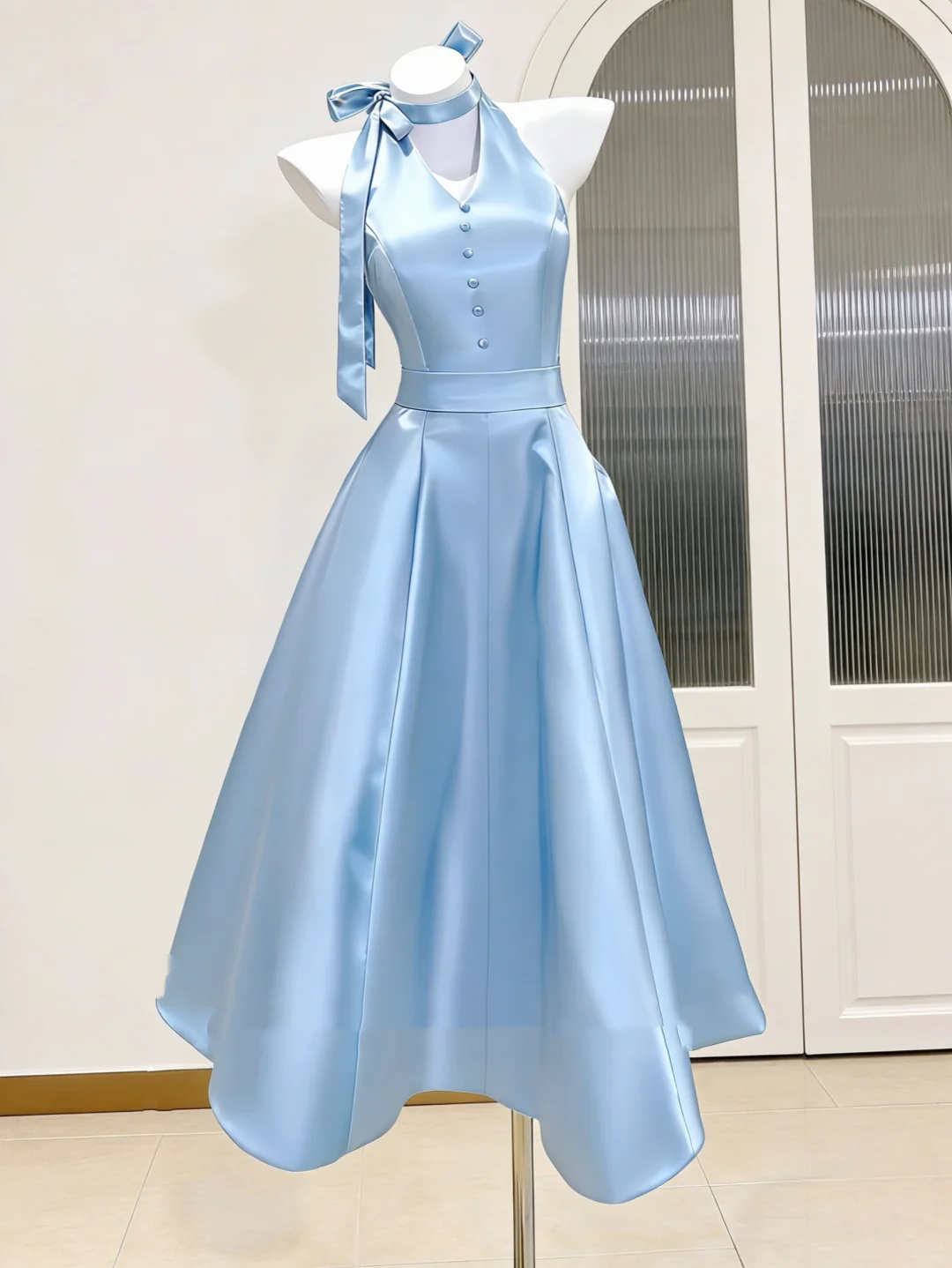 Light Color Halter Waist-Cinched Fitted Satin Elegant Evening Dress, Fairy Gown, Romantic Gown gh7380