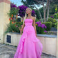 Light pink A-line off-shoulder long ruffled elegant tulle ball gown evening dress gh2684
