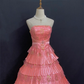 Pink Strapless Long Romantic Gown, Cinched Waist, Voluminous Tiered Cake Skirt, Wedding & Bridal Dress gh8313