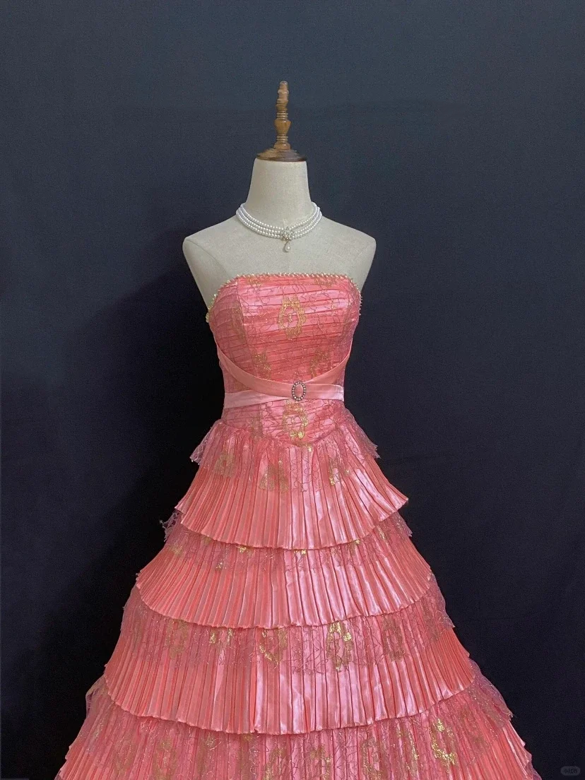 Pink Strapless Long Romantic Gown, Cinched Waist, Voluminous Tiered Cake Skirt, Wedding & Bridal Dress gh8313