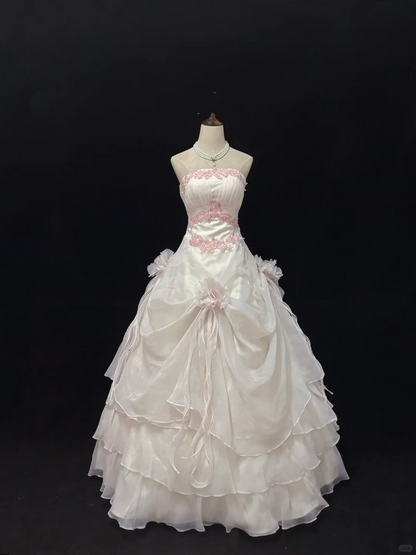 Blush Pink Strapless Embroidered Cinched Waist Voluminous Skirt Vintage Romantic Dress, Wedding Gown gh7998