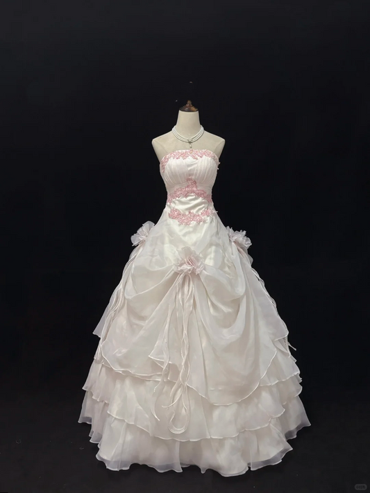 Blush Pink Strapless Embroidered Cinched Waist Voluminous Skirt Vintage Romantic Dress, Wedding Gown gh7998