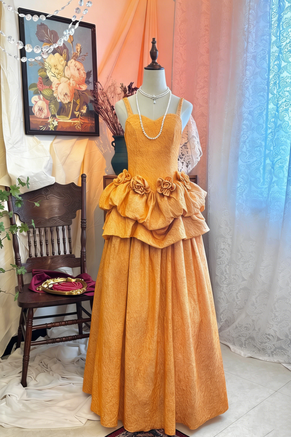 Romantisches französisches orangefarbenes Kleid: Dünne Träger, herzförmiger Ausschnitt, ausgestellter Rock, hochwertiges Partykleid gh6583