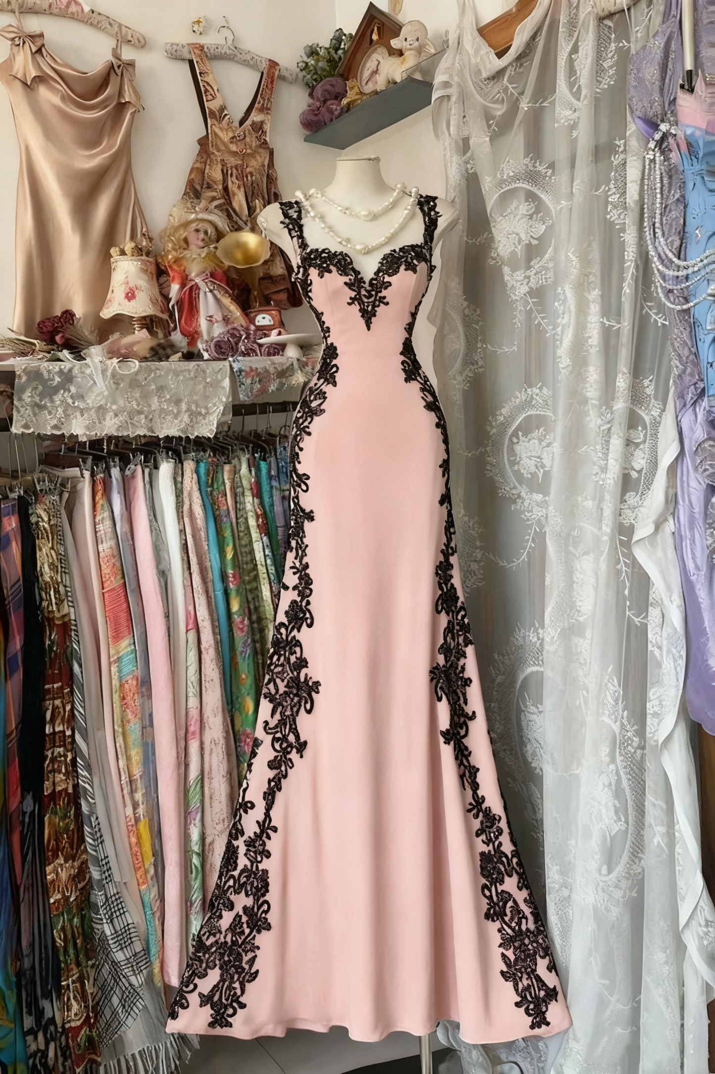 girlhomeshops-Retro Psychedelic Style Black Tulle & White Lace Spaghetti - Strap Maxi Long Birthday Fantasy Dress gh5883