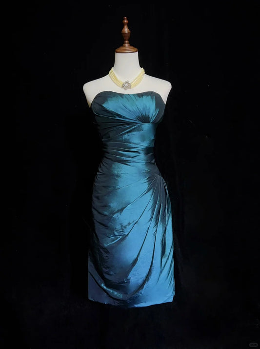 Pfauenblaues, schlichtes, kurzes, modisches, plissiertes Heimkehrkleid, Ballkleid, Abendkleid, gh4365