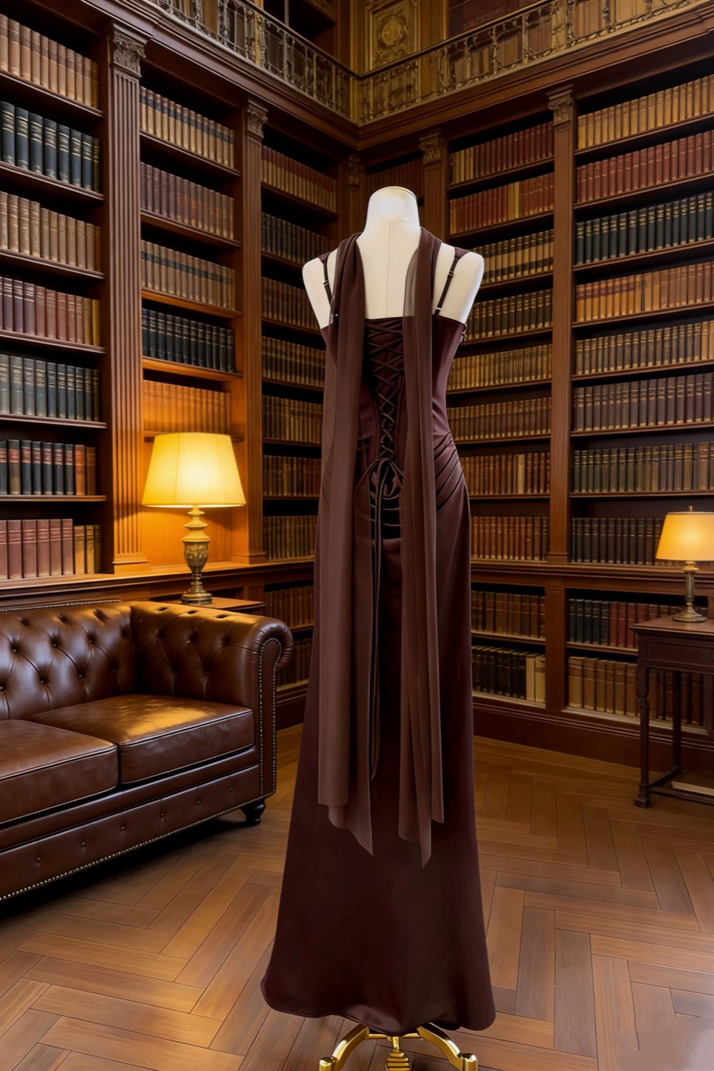 Robe sirène en satin café foncé à lacets - Robe de cocktail style mondain vintage gh6963