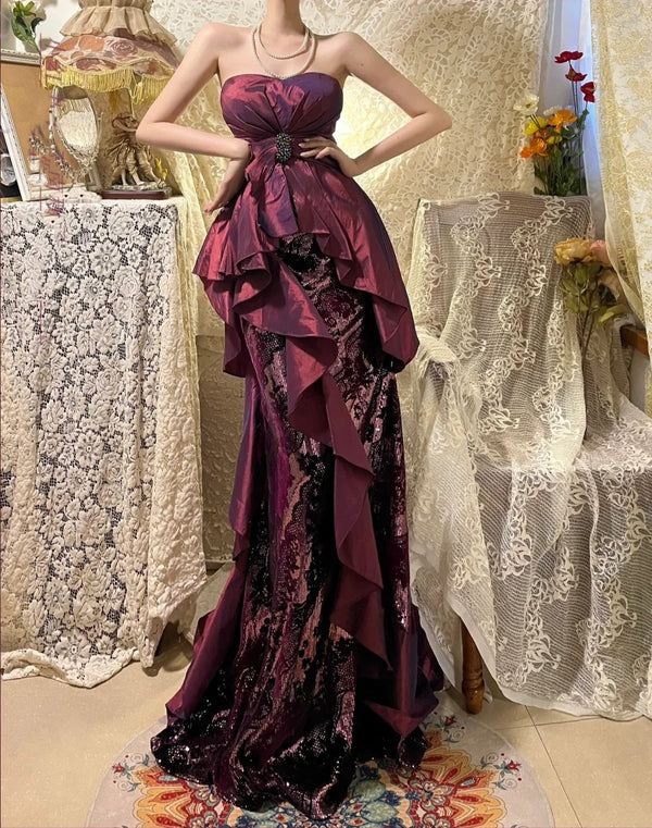 Lila Spitze Wunderschöne Meerjungfrau Langes Satin Ballkleid Abendkleid gh4440