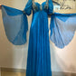 Blue Vintage Long Sleeve Beaded Long Chiffon Prom dresses Evening Gown Party Dress gh4941