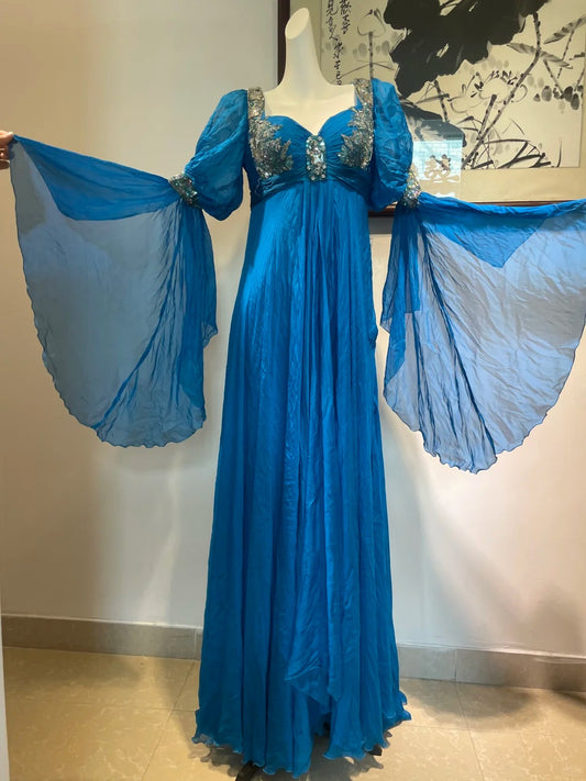 Robe de soirée longue en mousseline de soie, bleu vintage, manches longues, perles, gh4941