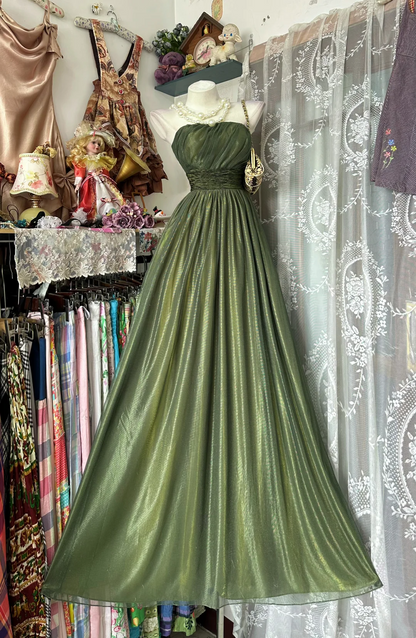 Muted Sage Strapless Waist-Cinched Maxi Vintage Formal Evening Party Gown gh7189