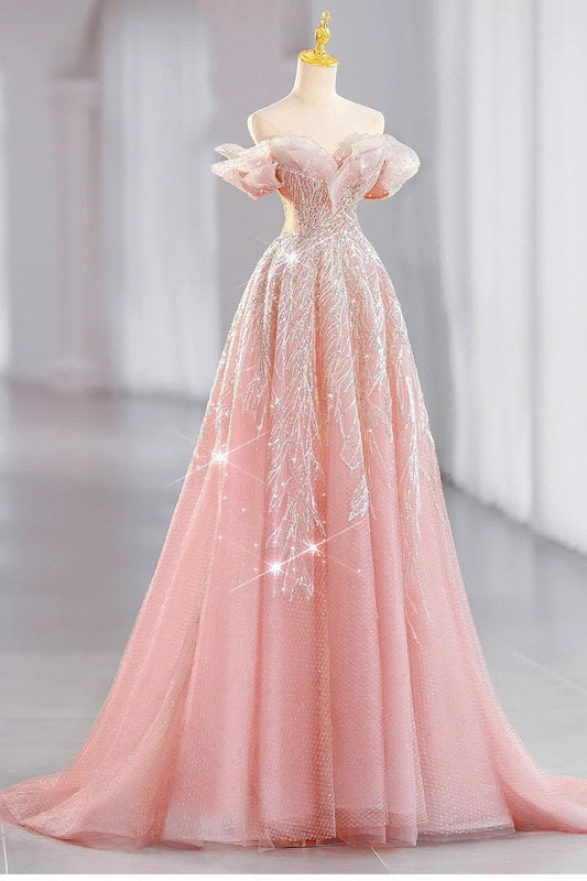 Robe de soirée longue en tulle rose, magnifique, brillante, élégante et exquise, perlée, longueur au sol, traînante, gh4000